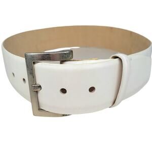 Vintage DKNY 80s White Opalescent Leather‎ Wide Belt Silver Buckle Glam Fashion